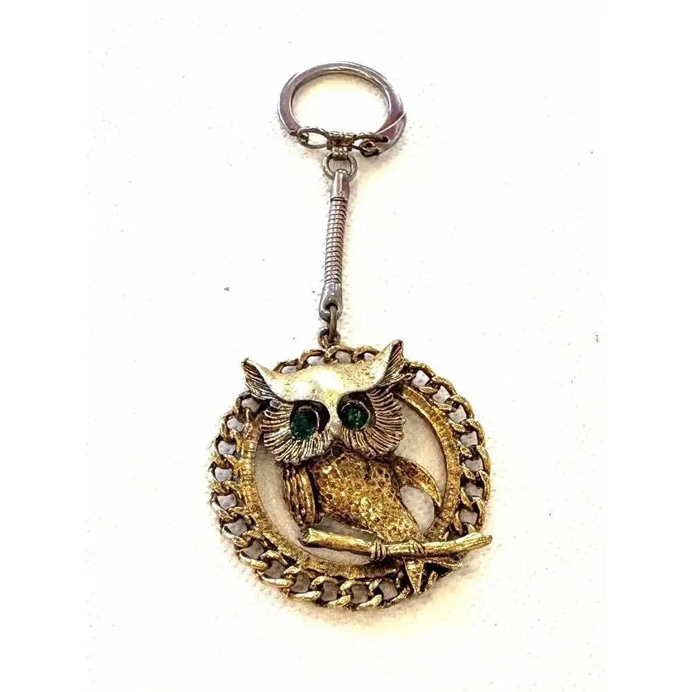 Vintage 1970s Estate Find Owl Keychain Green Rhinestone Eyes Figural Retro Boho